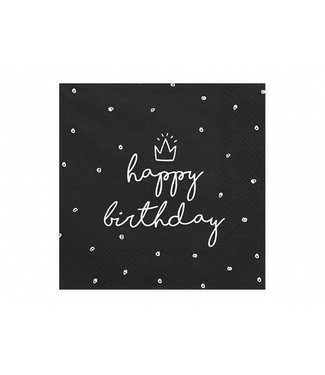 PartyDeco Servetten Happy Birthday zwart/wit kroontje | 20 stuks