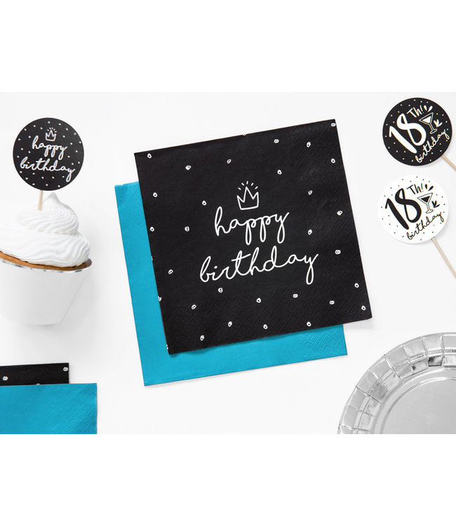 Servetten Happy Birthday zwart/wit kroontje | 20 stuks