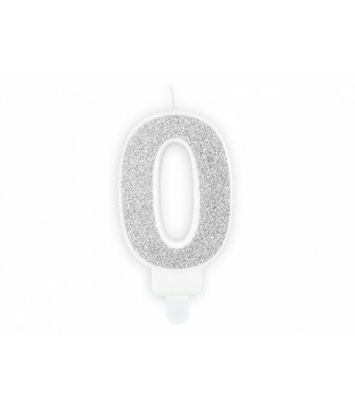 PartyDeco Kaars cijfer 0 | Zilver glitters