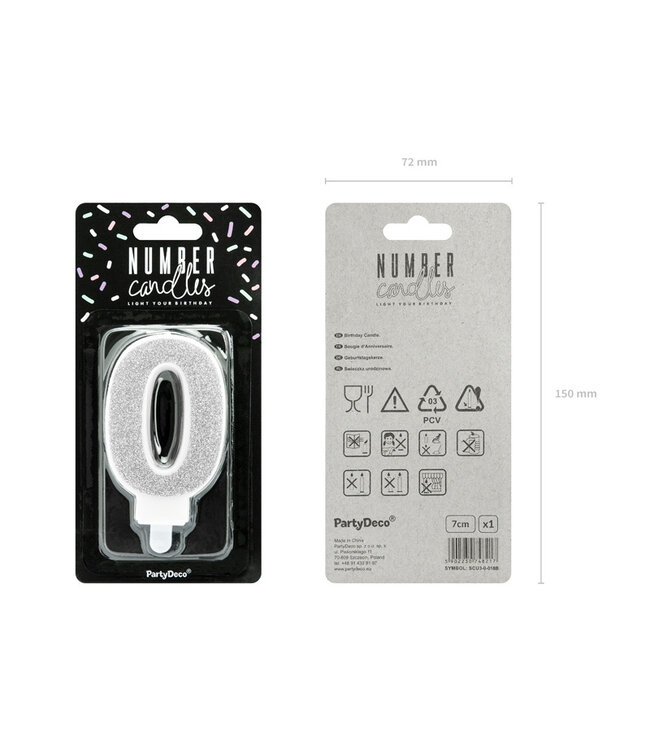 Verjaardagskaars cijfer 0 | Zilveren glitters