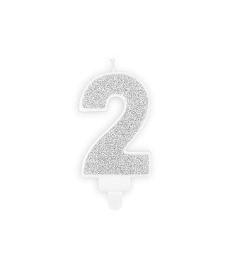 PartyDeco Kaars cijfer 2 | Zilver glitters