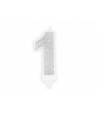 PartyDeco Kaars cijfer 1 | Zilver glitters