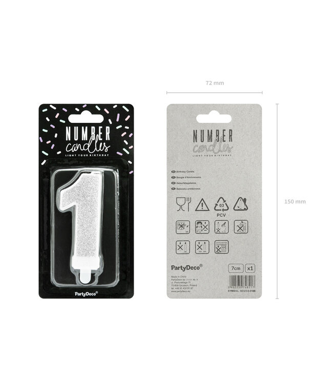 Verjaardagskaars cijfer 1 | Zilveren glitters