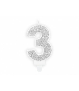 PartyDeco Kaars cijfer 3 | Zilver glitters