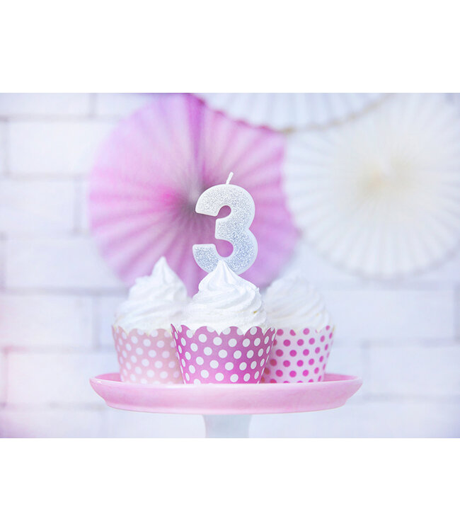 Verjaardagskaars cijfer 3 | Zilveren glitters