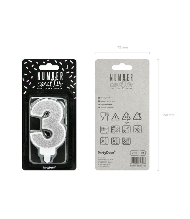 Verjaardagskaars cijfer 3 | Zilveren glitters