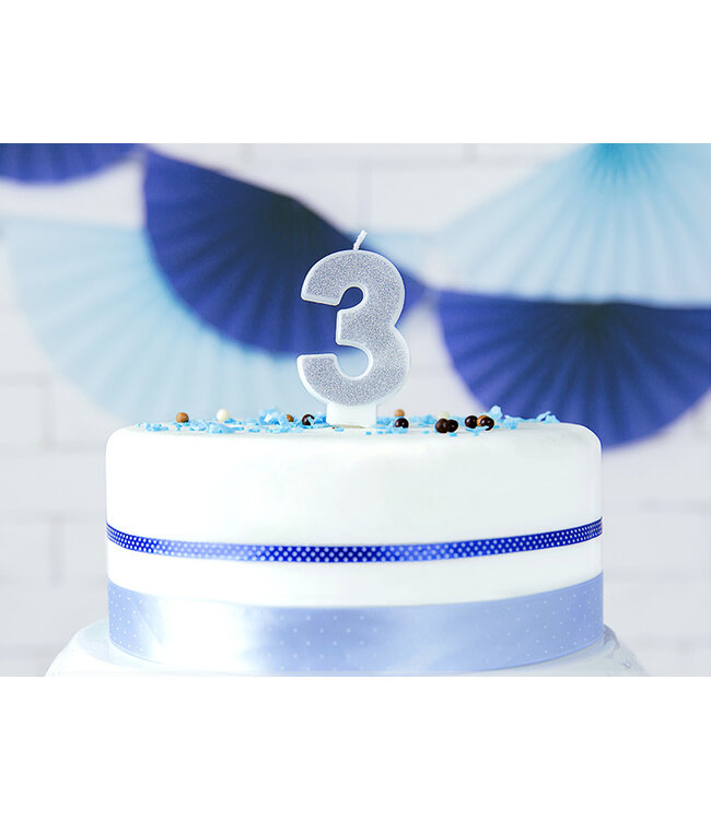 Verjaardagskaars cijfer 3 | Zilveren glitters