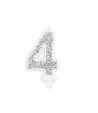 PartyDeco Kaars cijfer 4 | Zilver glitters