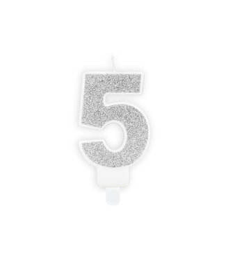 PartyDeco Kaars cijfer 5 | Zilver glitters