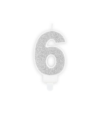 PartyDeco Kaars cijfer 6 | Zilver glitters