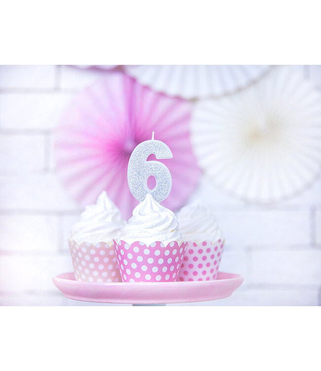 Verjaardagskaars cijfer 6 | Zilveren glitters