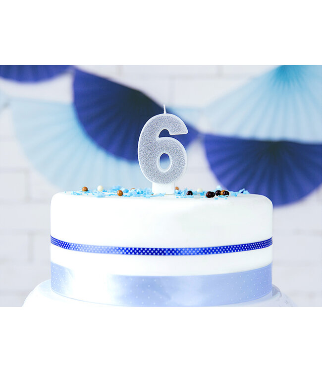 Verjaardagskaars cijfer 6 | Zilveren glitters
