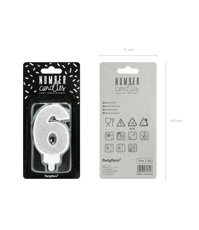 Verjaardagskaars cijfer 6 | Zilveren glitters