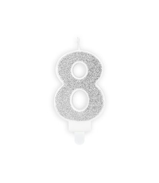 PartyDeco Kaars cijfer 8 | Zilver glitters