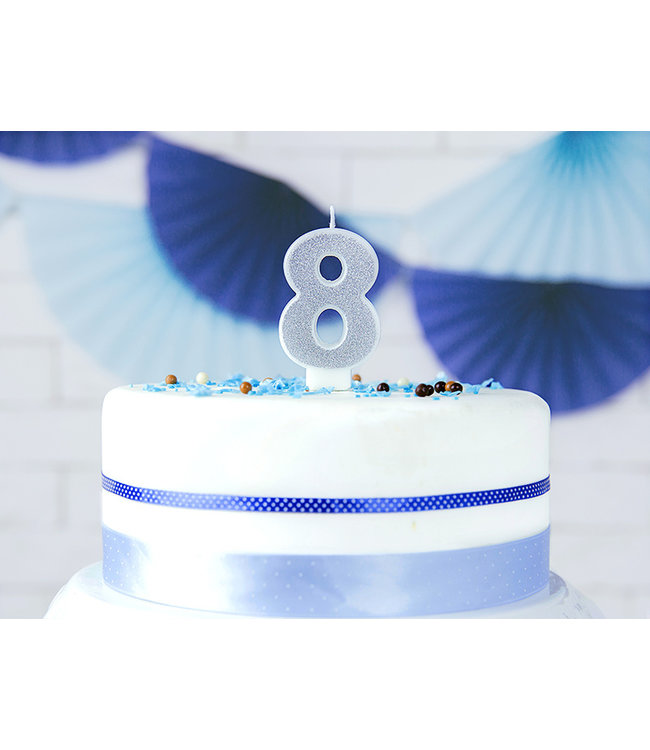 Verjaardagskaars cijfer 8 | Zilveren glitters
