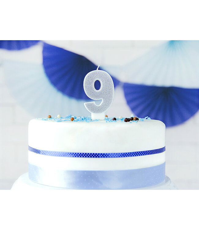 Verjaardagskaars cijfer 9 | Zilveren glitters