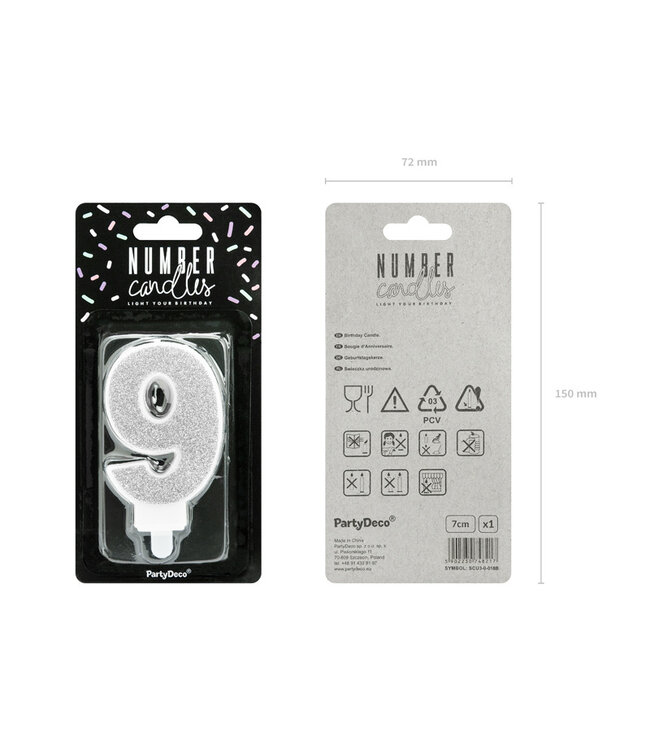 Verjaardagskaars cijfer 9 | Zilveren glitters