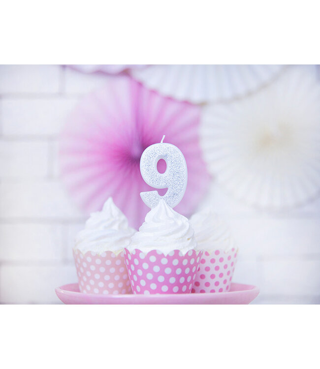 Verjaardagskaars cijfer 9 | Zilveren glitters
