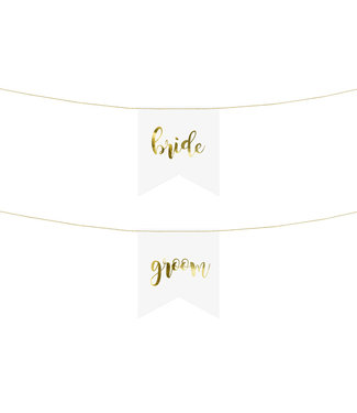 PartyDeco OUTLET Stoeldecoratie Bride - Groom | wit & goud