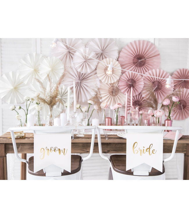 Stoeldecoratie Bride - Groom | wit & goud