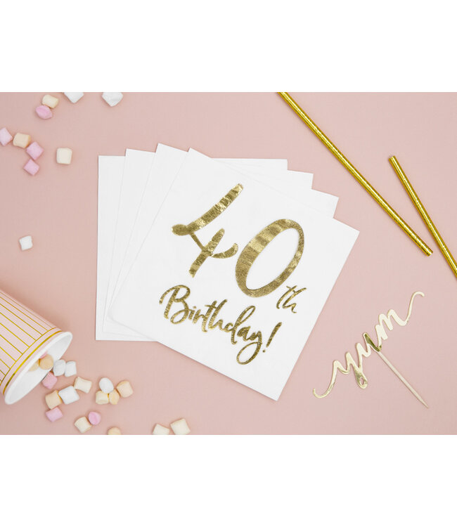 Servetten 40th birthday | wit-goud | 20 stuks