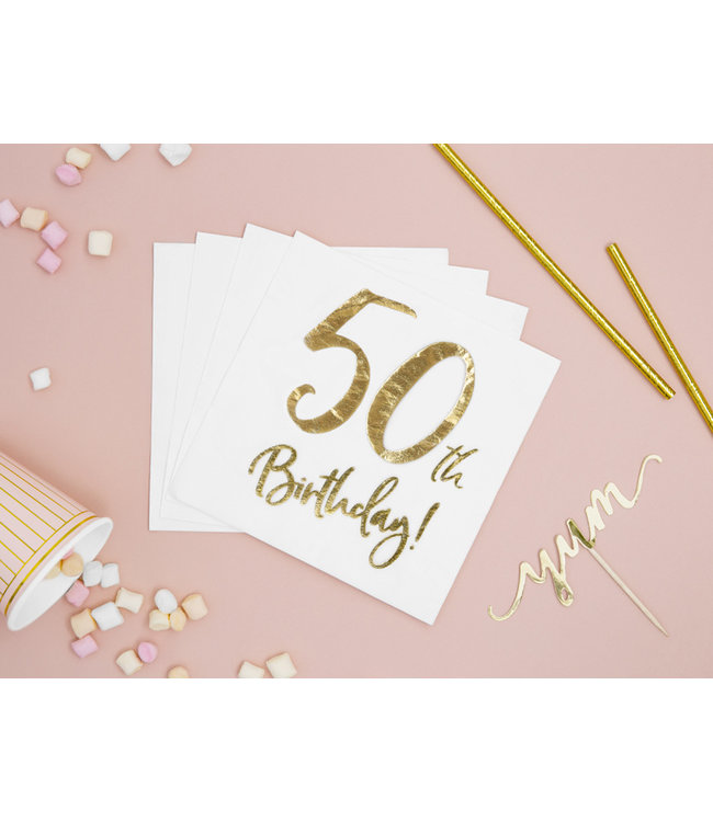 Servetten 50th birthday | wit-goud | 20 stuks