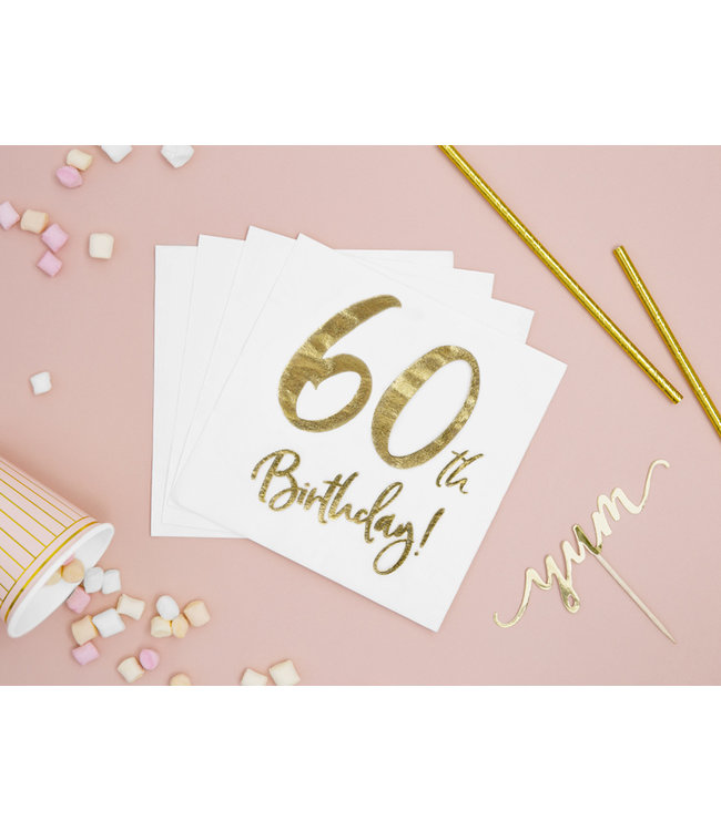 Servetten 60th birthday | wit-goud | 20 stuks