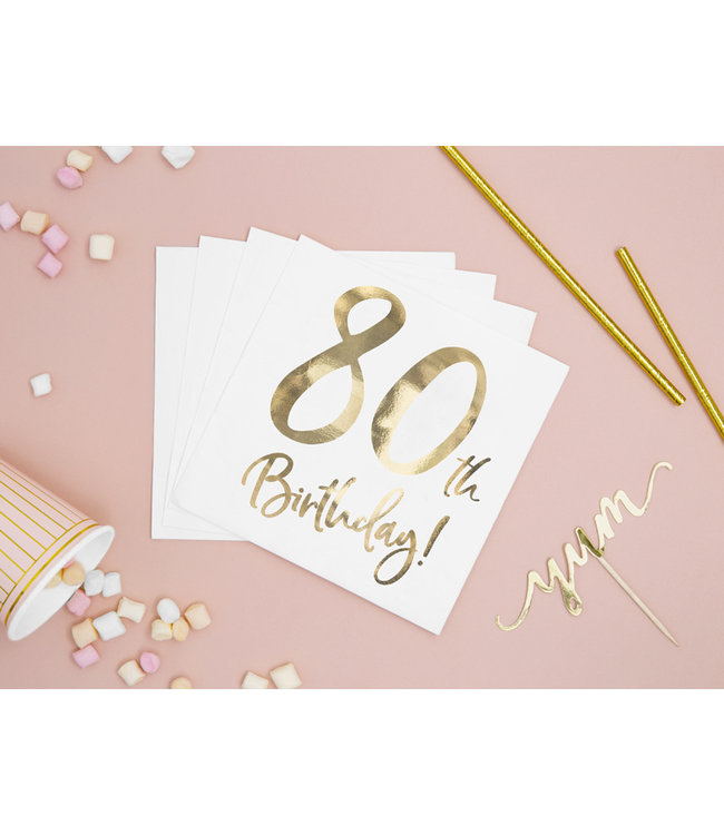 Servetten 80th birthday | wit-goud | 20 stuks