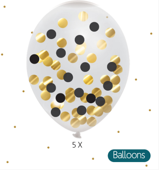 Confettiballonnen zwart & goud - 5 stuks