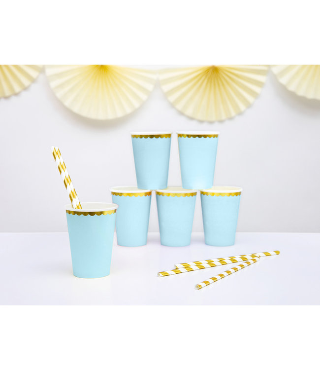 Papieren bekers - blauw met gouden rand - 6 stuks