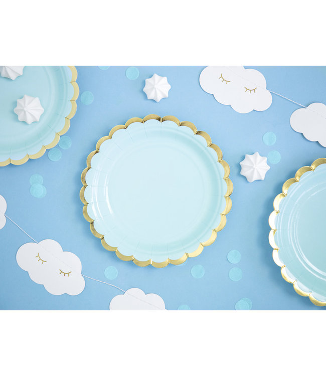 Papieren bordjes - blauw met gouden rand - 6 stuks