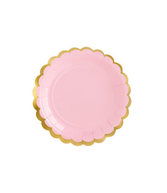 PartyDeco Papieren bordjes - roze met gouden rand - 6 stuks
