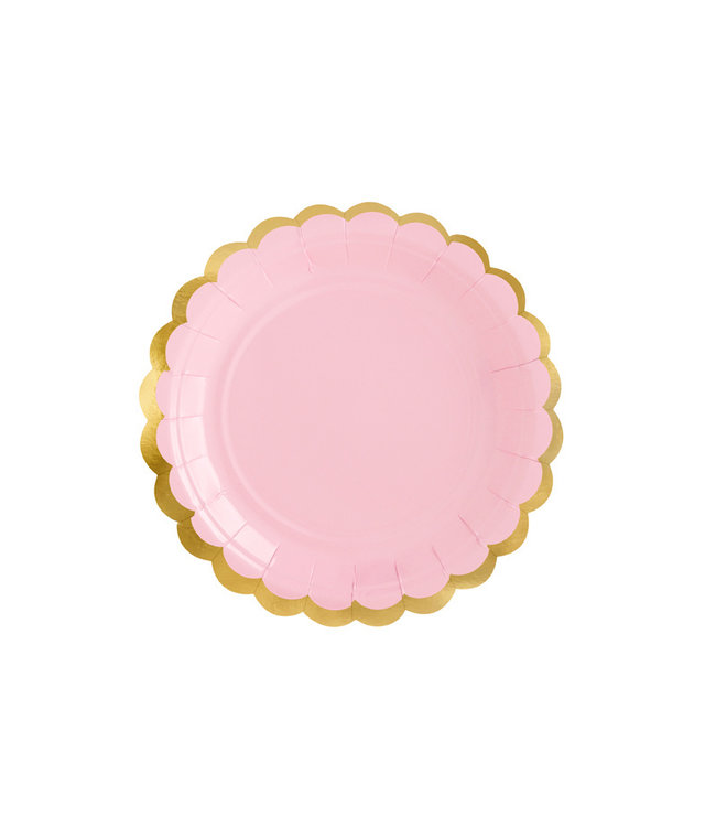 Papieren bordjes - roze met gouden rand - 6 stuks
