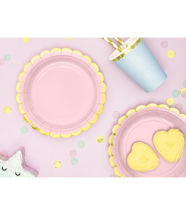 Papieren bordjes - roze met gouden rand - 6 stuks