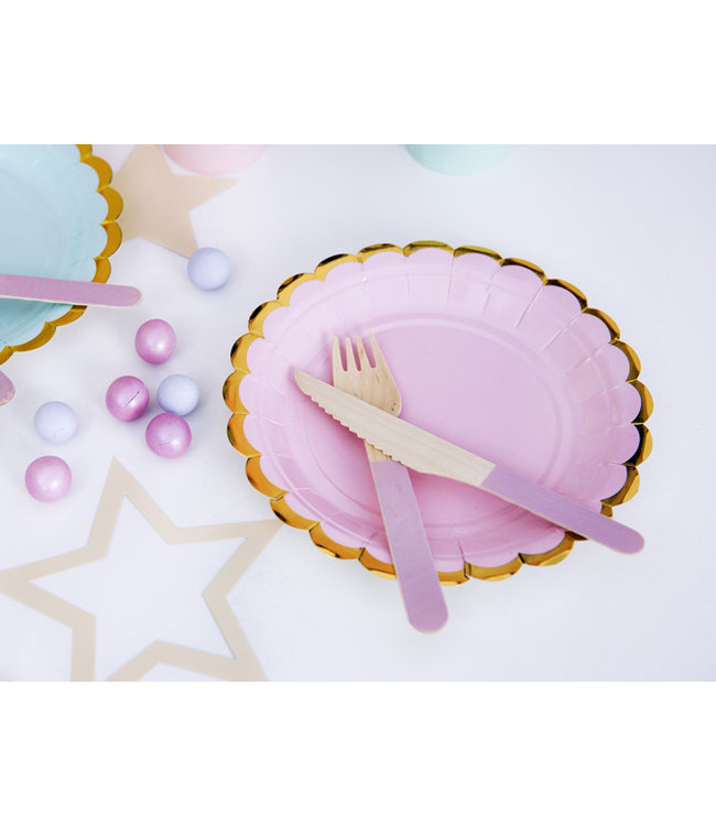 Papieren bordjes - roze met gouden rand - 6 stuks
