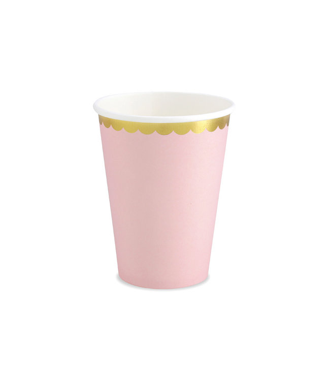 Papieren bekers - roze met gouden rand - 6 stuks