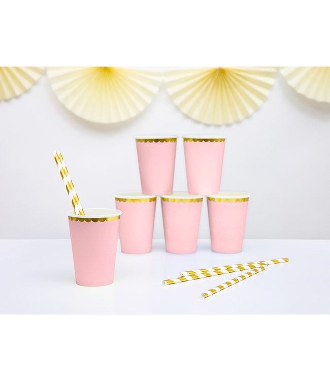 Papieren bekers - roze met gouden rand - 6 stuks