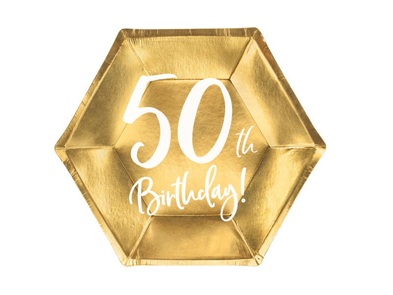 Papieren bordjes - 50th birthday - goud - 6 stuks