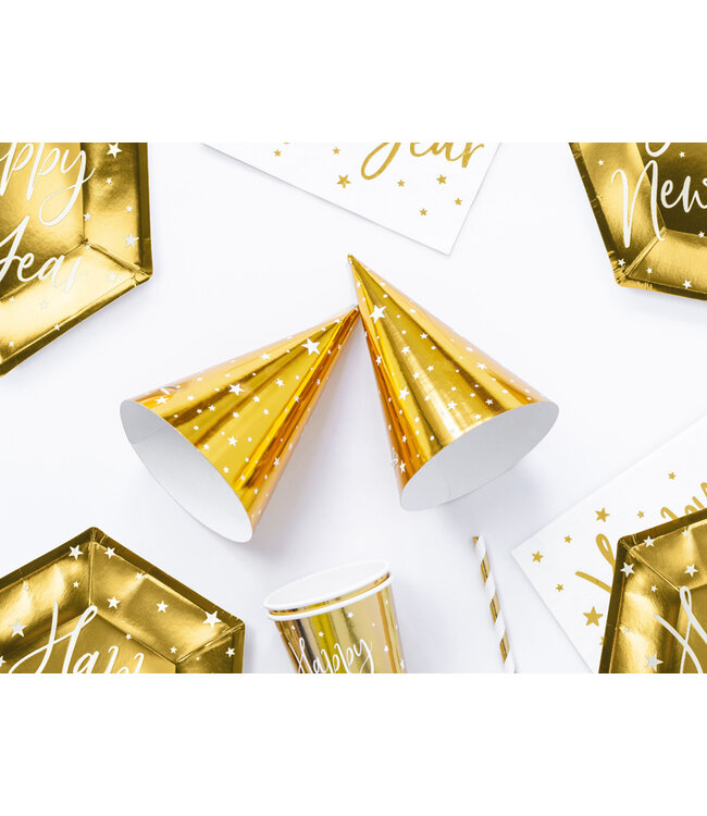 Feestmuts - goud met ster- 6 stuks