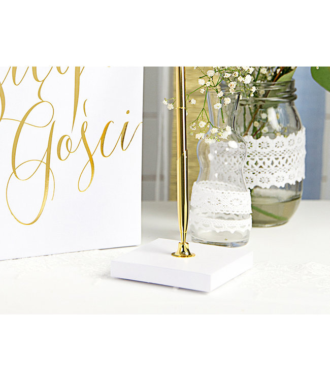 Gouden pen met wit voetstuk | 8 x 8 x 16 cm