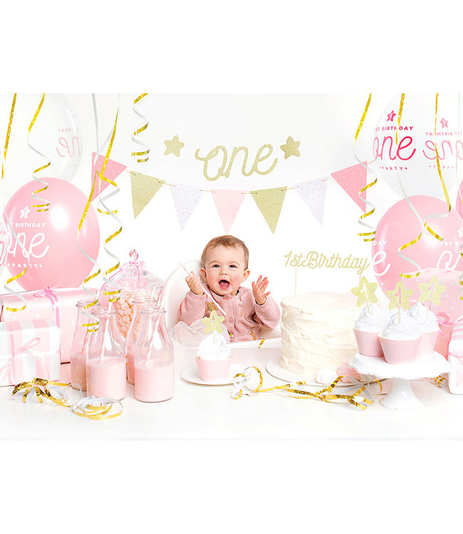 Papieren vlaggetjes roze-goud glitter | 1,3 meter