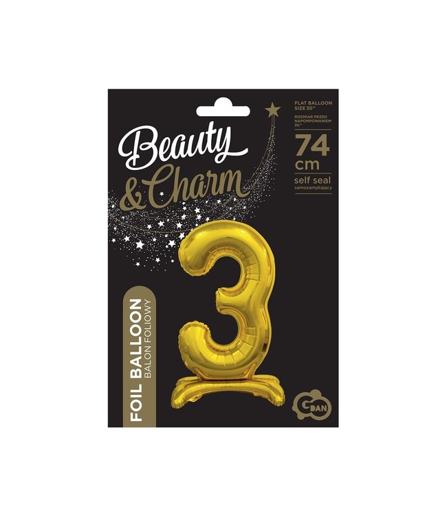 Cijferballon staand 3 XL goud - 74 cm