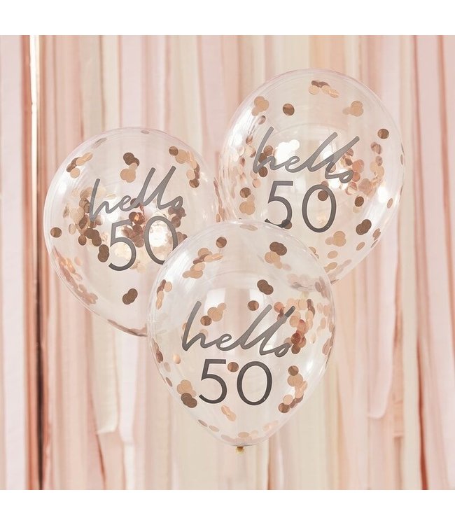 Confettiballonnen Hello 50 | Rosegoud | 5 stuks