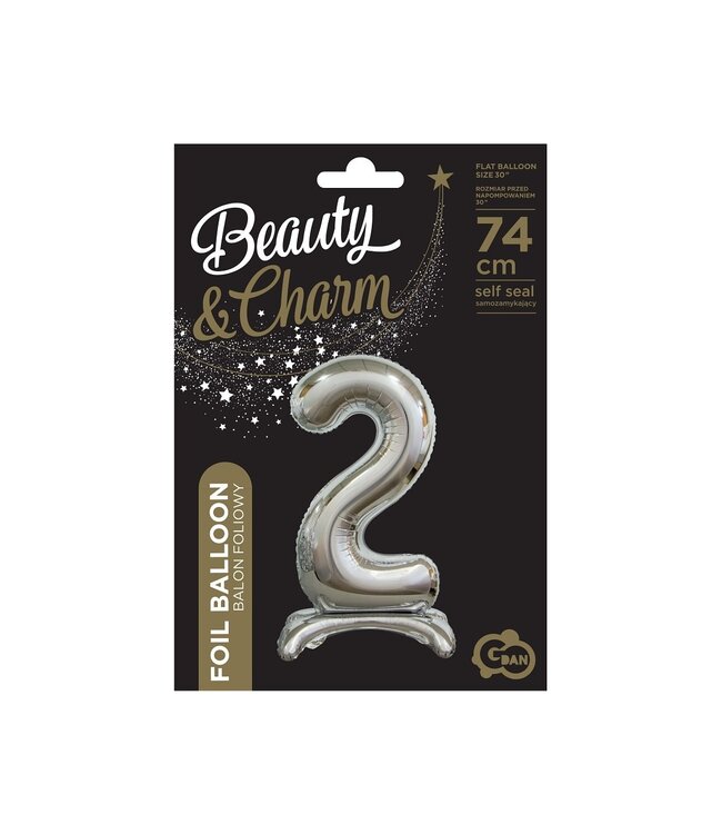 Cijferballon staand 2 XL Zilver - 74 cm