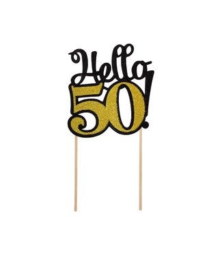 Beauty & Charm Taarttopper Hello 50 | Zwart & goud | 10 x 19cm