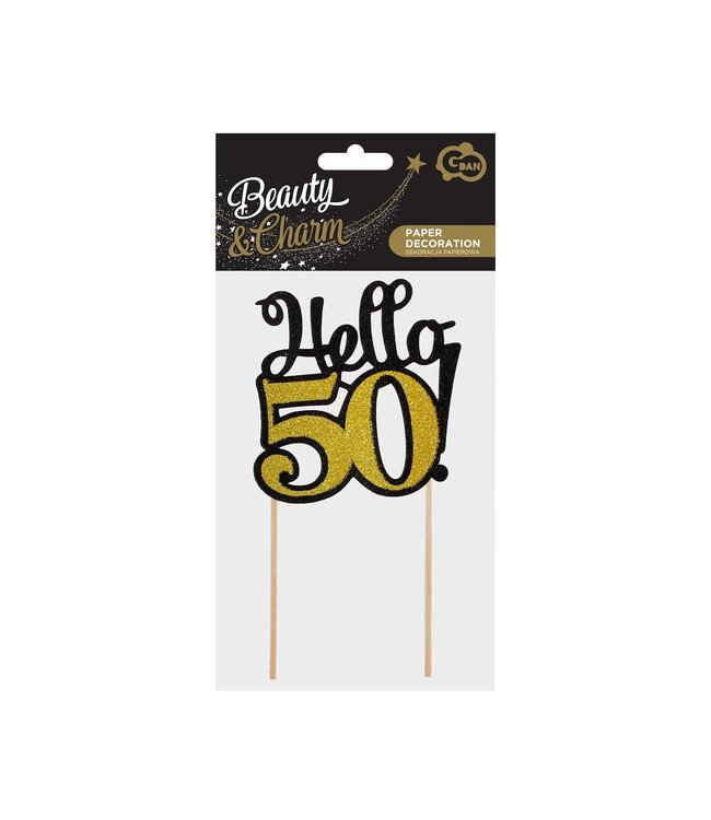 Taarttopper Hello 50 | Zwart & goud | 10 x 19cm