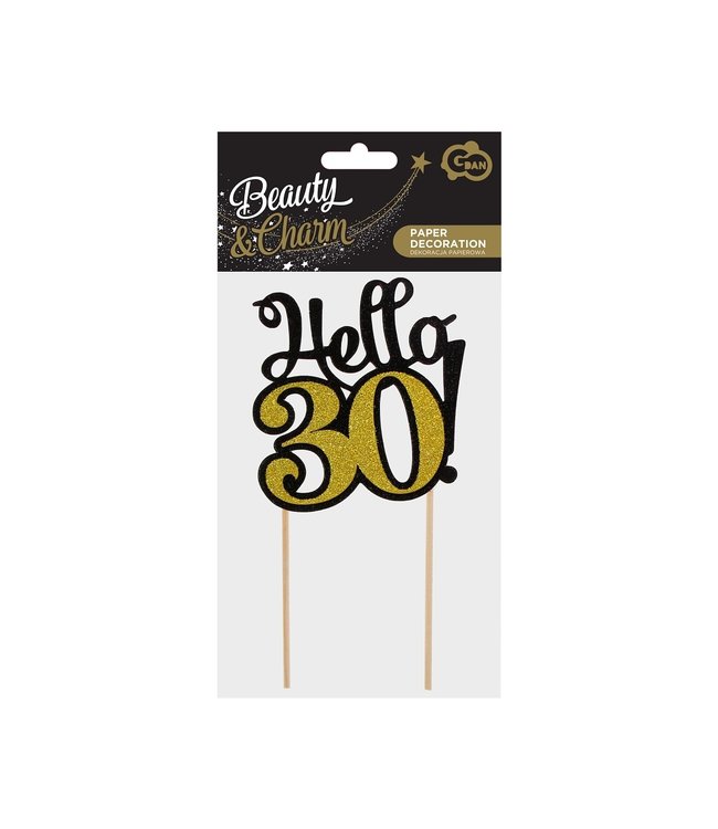 Taarttopper Hello 30 | Goud & zwart | 10 x 19cm