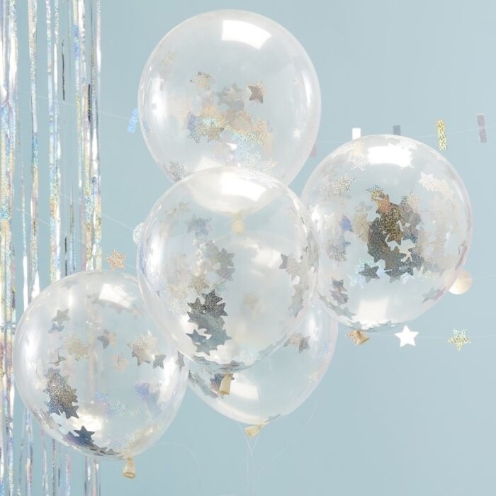 Confettiballonnen ster holographic - 5 stuks