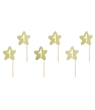 PartyDeco Cupcake Toppers 1st Birthday Gouden Sterren 6 stuks