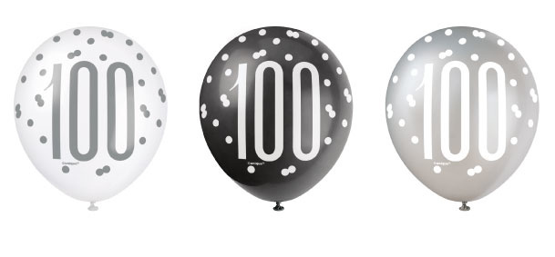 Ballonnen 100 jaar - zwart/zilver/wit - 6 stuks